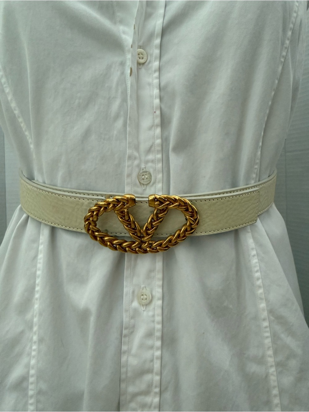 Valentino Garavani V Logo Signature Chain Off White Leather Belt 32”- 80cm Italy